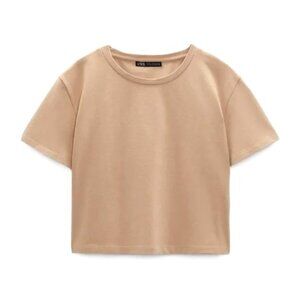 Zara Beige Crew Neck Crop Short Sleeve Top Women Size M NWOT